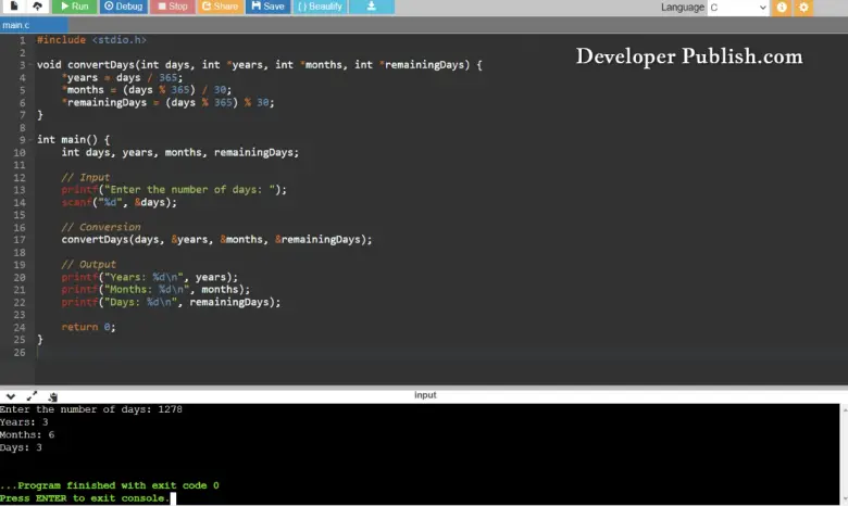 C Program to Convert Days into Years, Months and Days