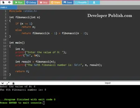 C Program to Find Nth Fibonacci Number using Recursion