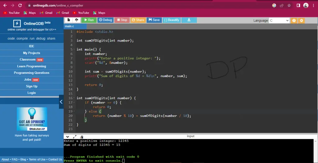 C Program to Find Sum of Digits of a Number using Recursion