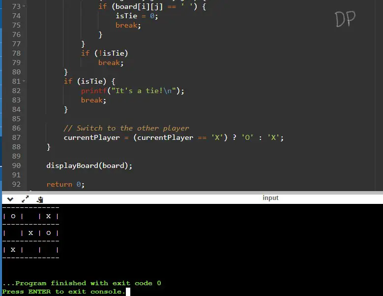 C Program demonstrating Tic Tac Toe Game