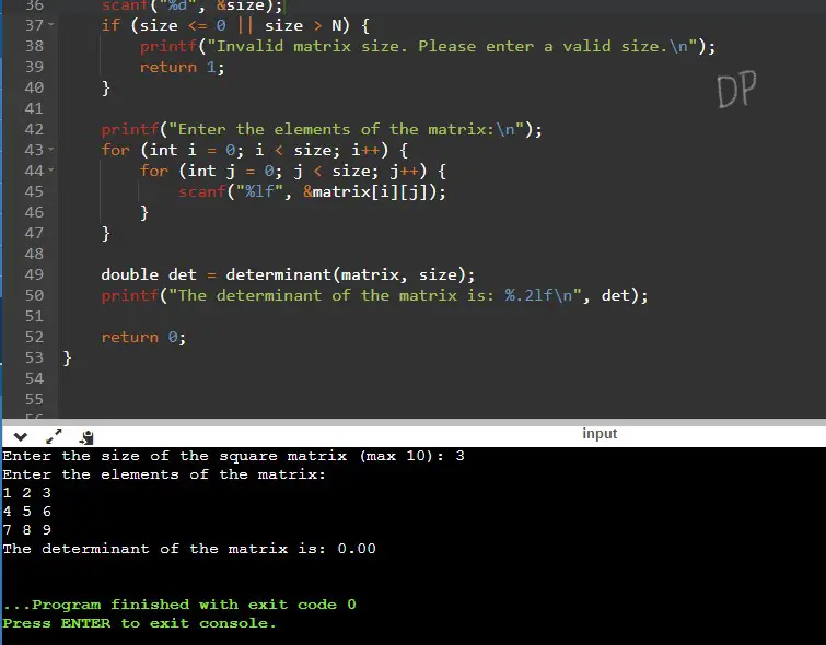 C Program to Find Determinant of a Matrix