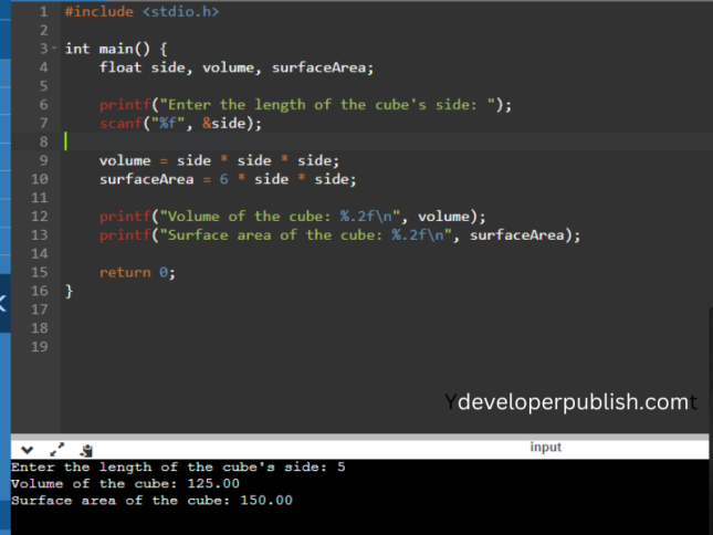 C Program to Find Volume and Surface Area of a Cube