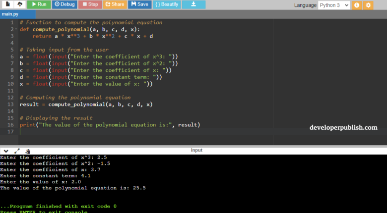 Python Program to Compute a Polynomial Equation