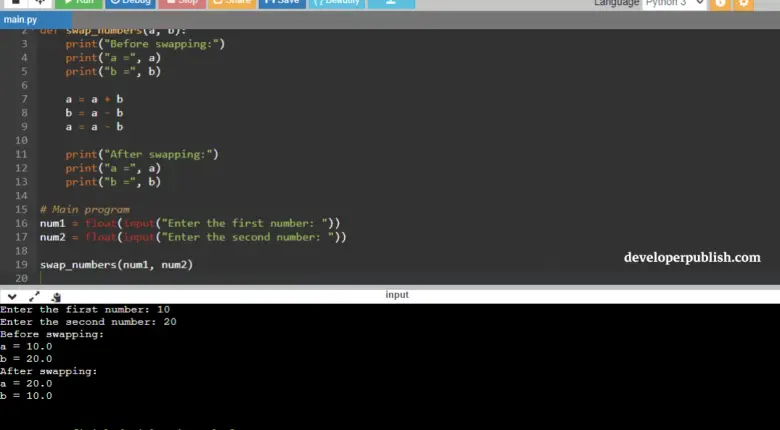 Python Program to Swap Two Numbers without using Third Variable