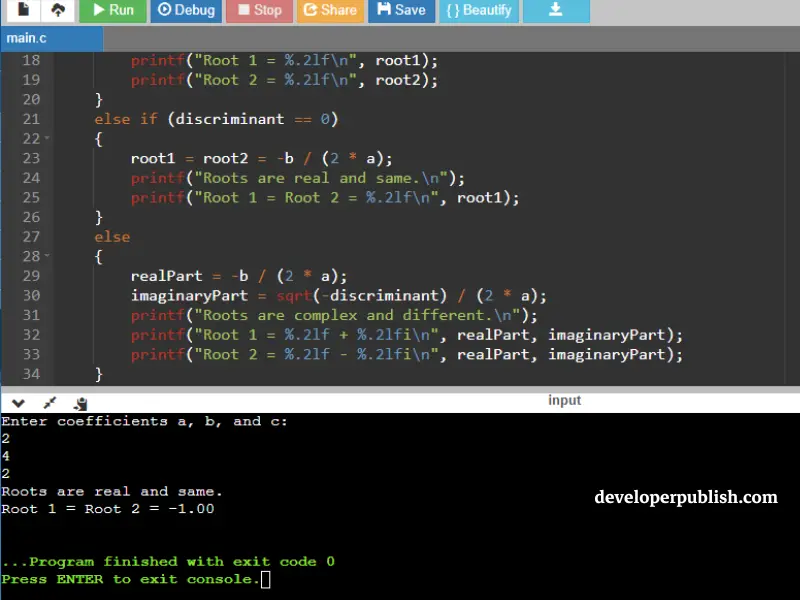 C Program to Find the Roots of a Quadratic Equation