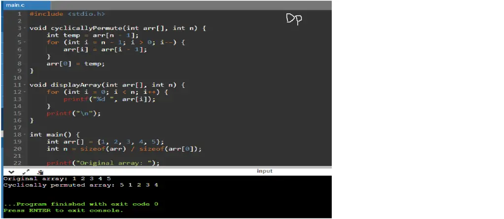 C Program to Cyclically Permute the Elements of an Array