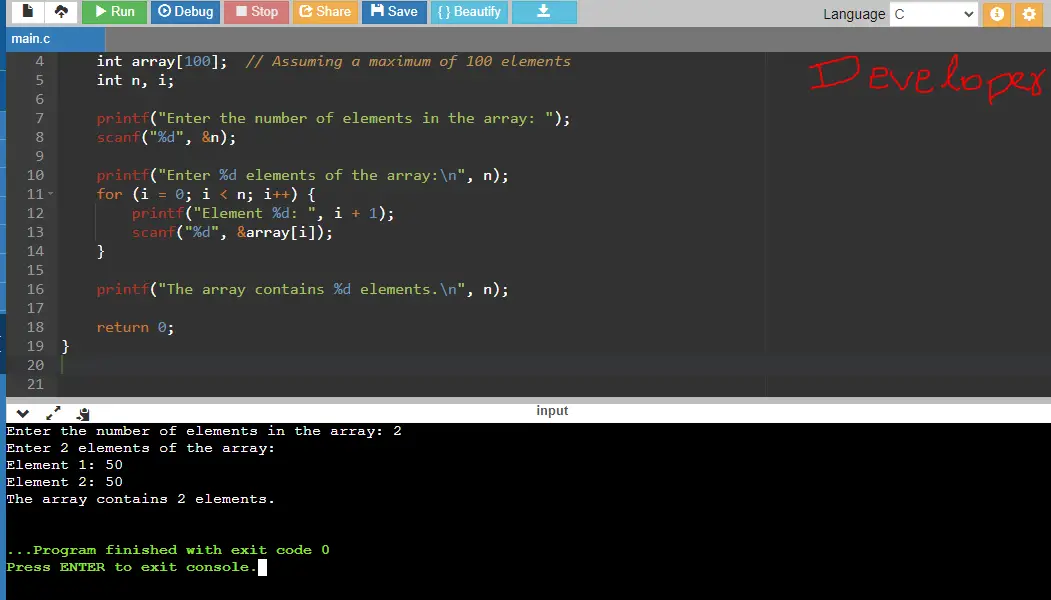 C Program to Find the Number of Elements in an Array