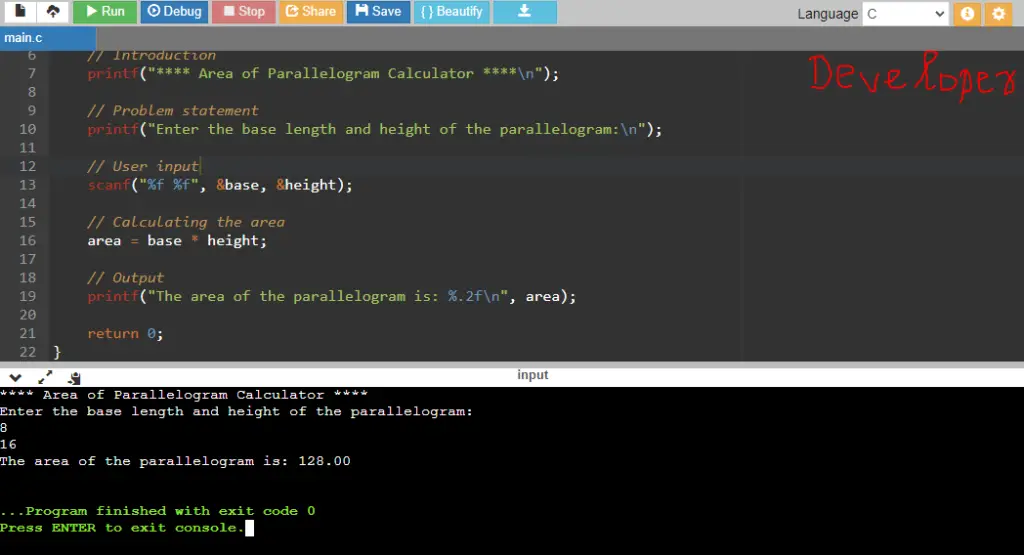 C Program to Find Area of Parallelogram