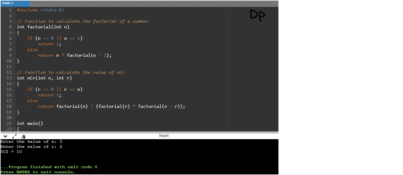 C Program to Calculate the value of nCr