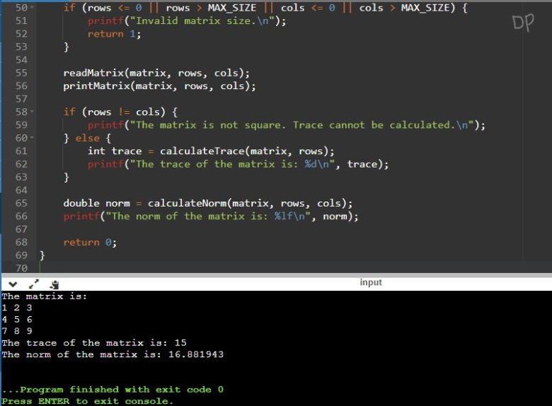 C Program to Find Normal and Trace of a Matrix