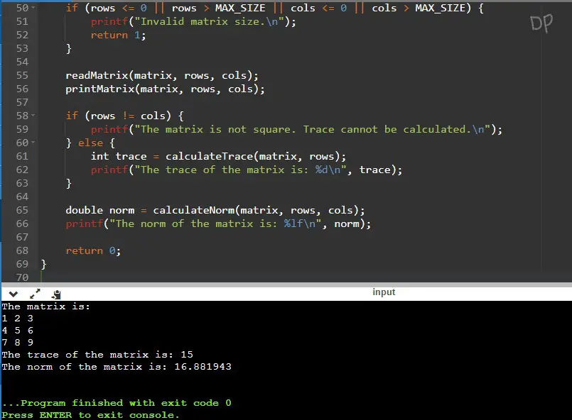 C Program to Find Normal and Trace of a Matrix