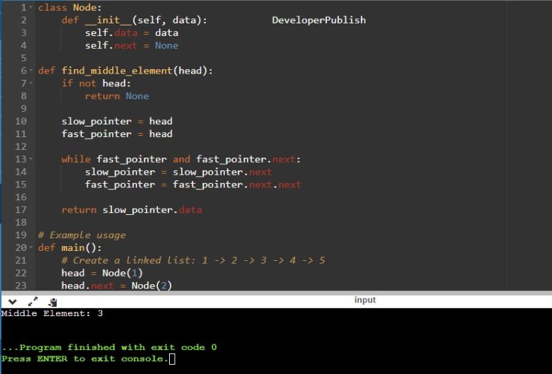 Python Program to Find Middle Element of a Linked List