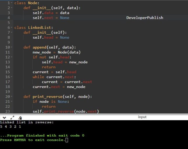 Python Program to Read a Linked List in Reverse
