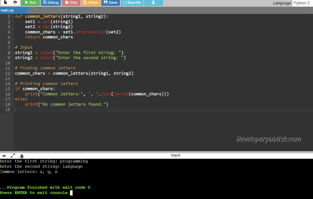 Python Program to Print Letters Present in Both Strings