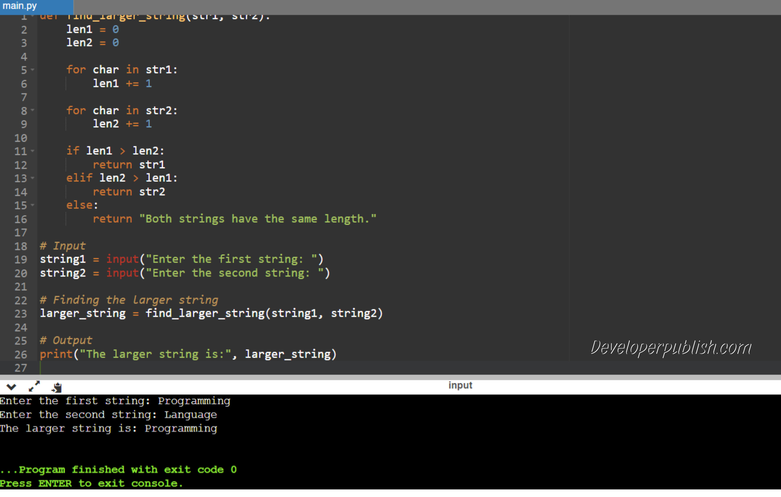 Python Program to Find the Larger String without Using Built-in Functions