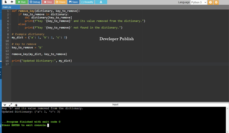 Python Program to Remove a Key from a Dictionary
