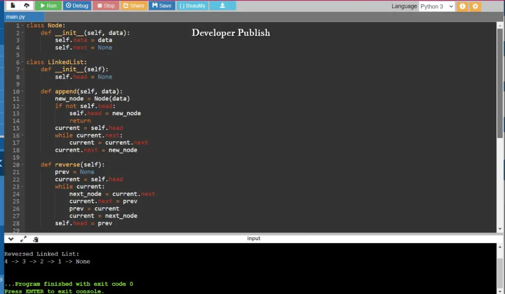 Python Program to Reverse a Linked List without Recursion