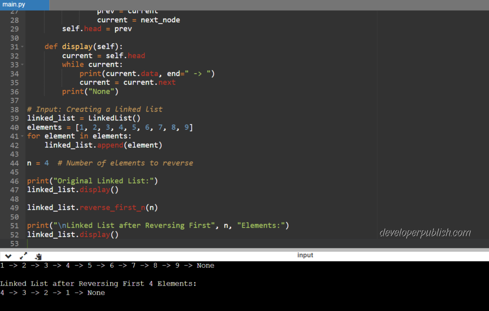 Python Program to Reverse First N Elements of a Linked List
