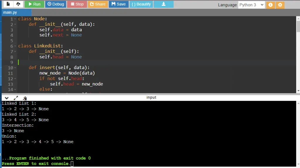 Python Program to Find Intersection and Union of Two Linked Lists