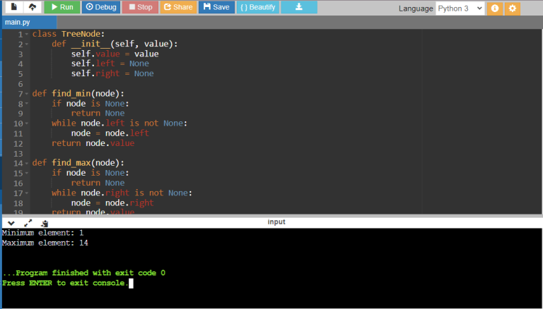 Python Program to Find Minimum and Maximum Element in Binary Search Tree