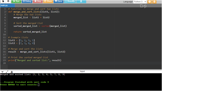 Python Program to Merge Two Lists and Sort it