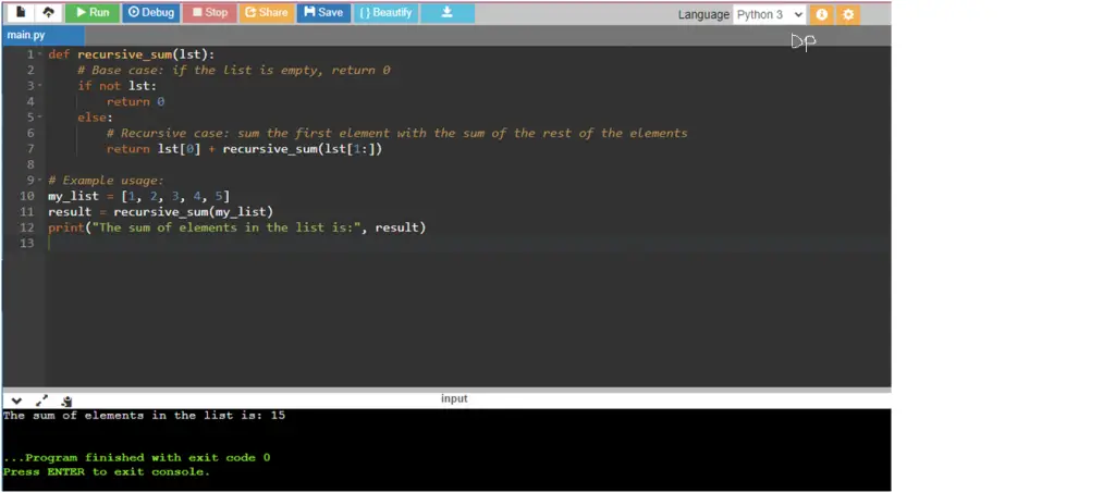 This Python program finds the sum of elements in a list using recursion.