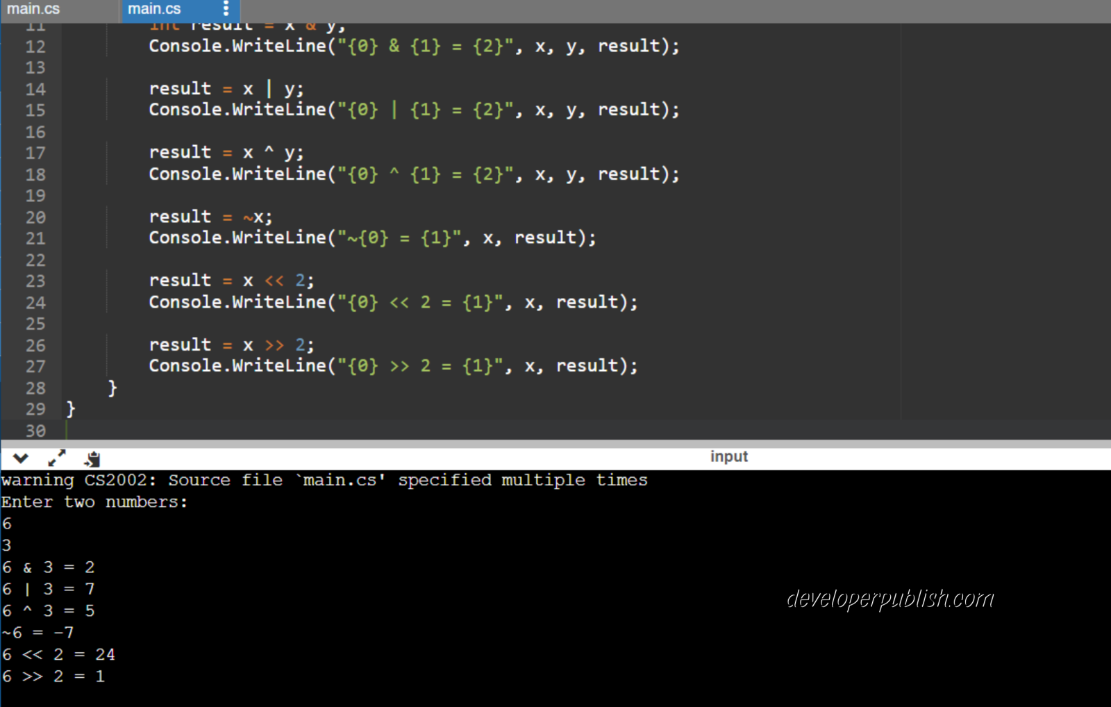 C# Program to Demonstrate Bitwise Operators