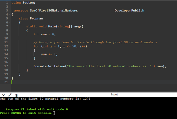C# Program to Find the Sum of First 50 Natural Numbers using For Loop