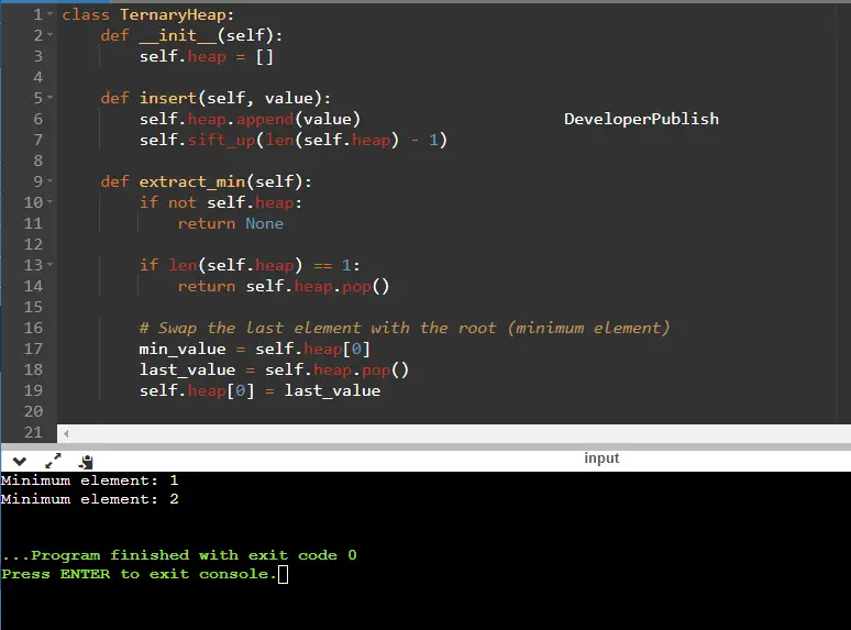 This Python program implements a ternary heap, which is a type of min-heap where each parent node has up to three child nodes. 