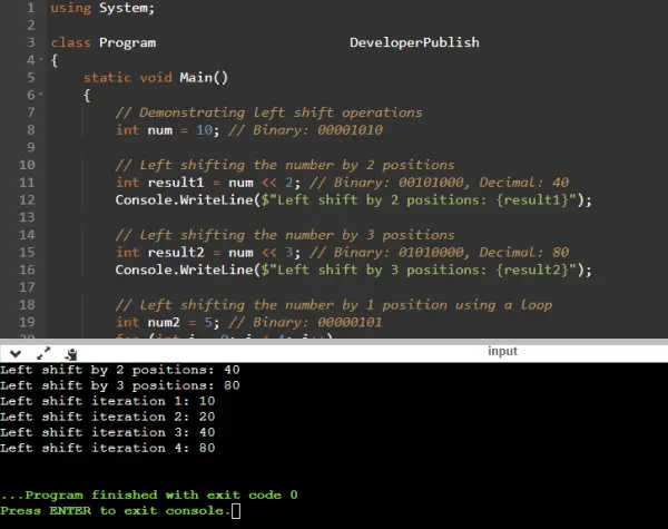 C# Program to Demonstrate Left-Shift Operations