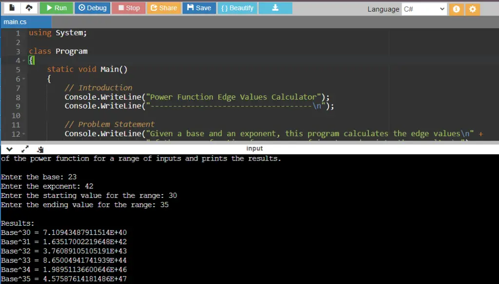 C# Program to Print the Edge Values in Power Function