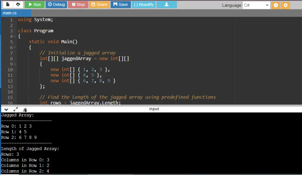 C# Program to Find the Length of Jagged Array using Predefined Functions