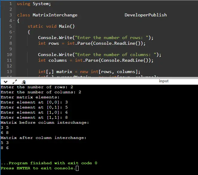 C# Program to Interchange the Columns of a Matrix