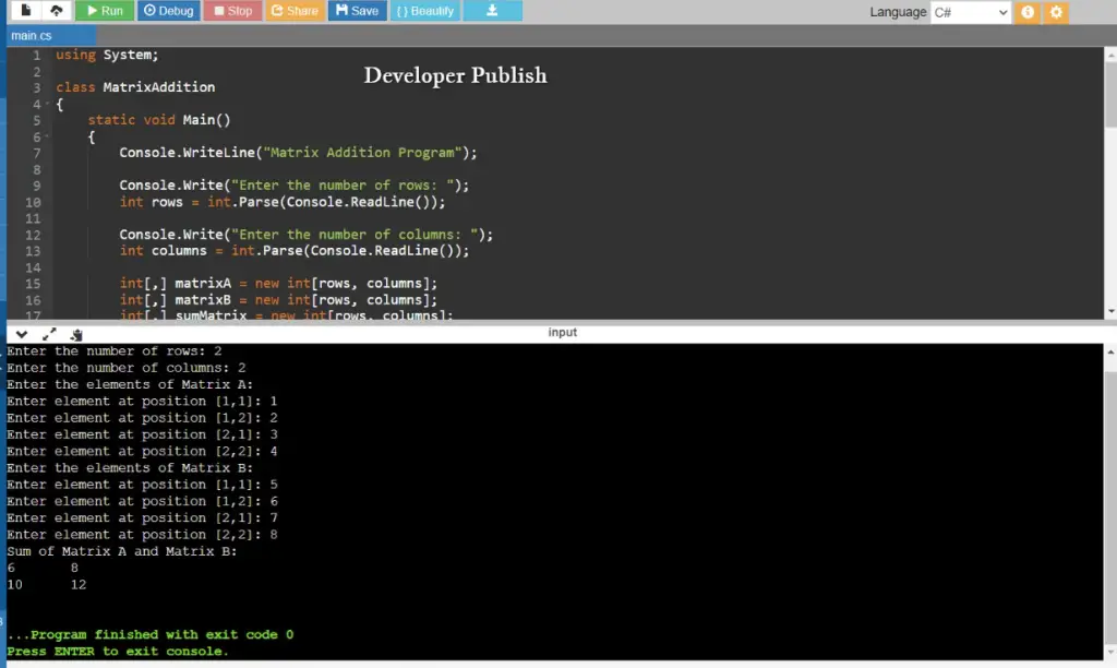 C# Program to Add Two Matrices