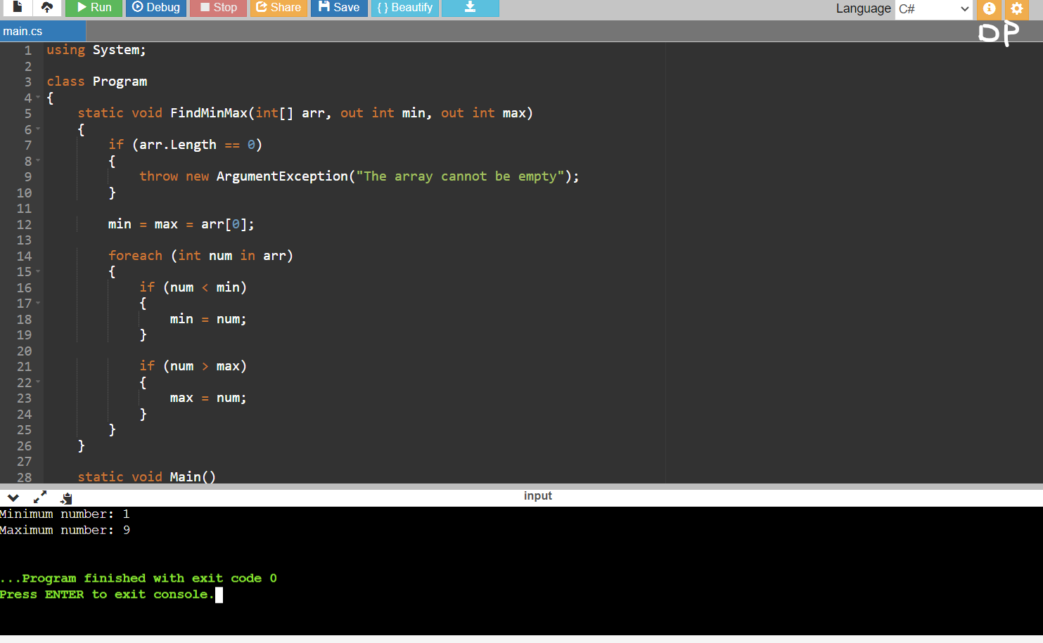 C# Program to Find Minimum and Maximum of Numbers in an Array